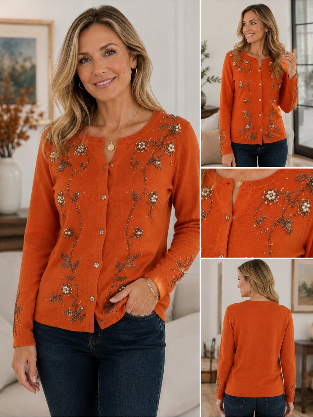 dressbarn Orange Beaded Floral Button-Front Cardigan